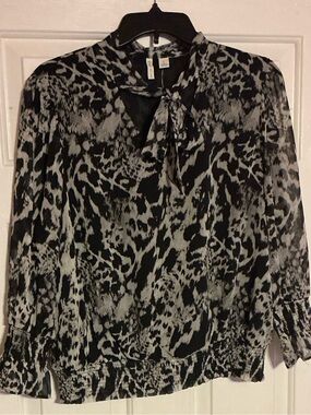 Cato Black & Gray Tie-Neck Animal Print Blouse